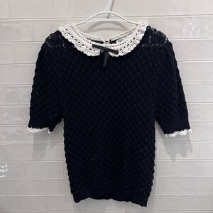 Zara Black Knit Top with White Crochet Collar